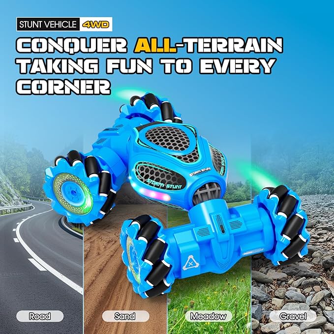 Gesture Sensing RC Stunt Car - Boys Toys Age 6-12 4WD Hand Controlled Remote Control Drift Twist Offroad 360° Rotation Car with Light &amp Music Cool Birthday Presents and Ideas Gifts for Kids Blue