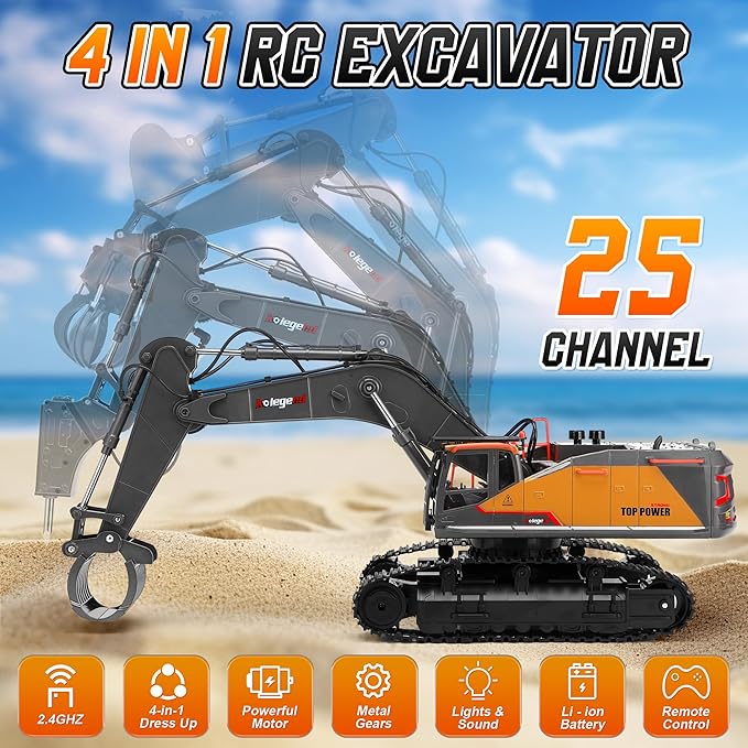 kolegend 1:14 RC Excavator 25 Channel 4 in 1 Construction ToysRemote Control Vehicles Tractor Sandbox Toys Diggerwith Metal BucketDrill BitGripper &amp Wood Gripper RC Truck