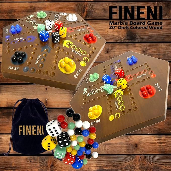 Wooden Board Games Marble Board Game Original with Dual Sides Fast Track Board Game for 2 to 6 Players Double Side Marble Game 6 Colors 30 Marbles Set and 6 Color 6 DicePouch (20 Dark)