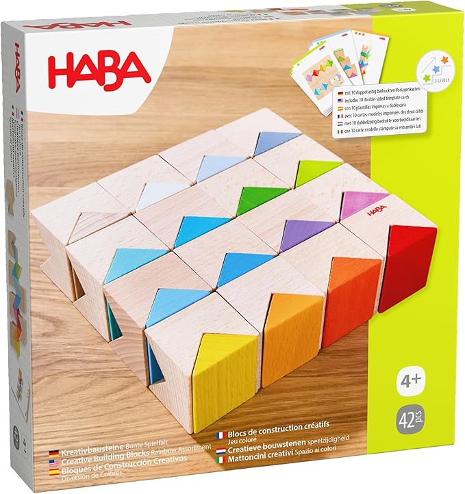HABA Creative Building Blocks - Colourful Building Set with 32 Wooden Building Blocks &amp 10 Template Cards - Promotes Creativity Spatial Thinking &amp Fine Motor Skills - From 4 Years - 201260600