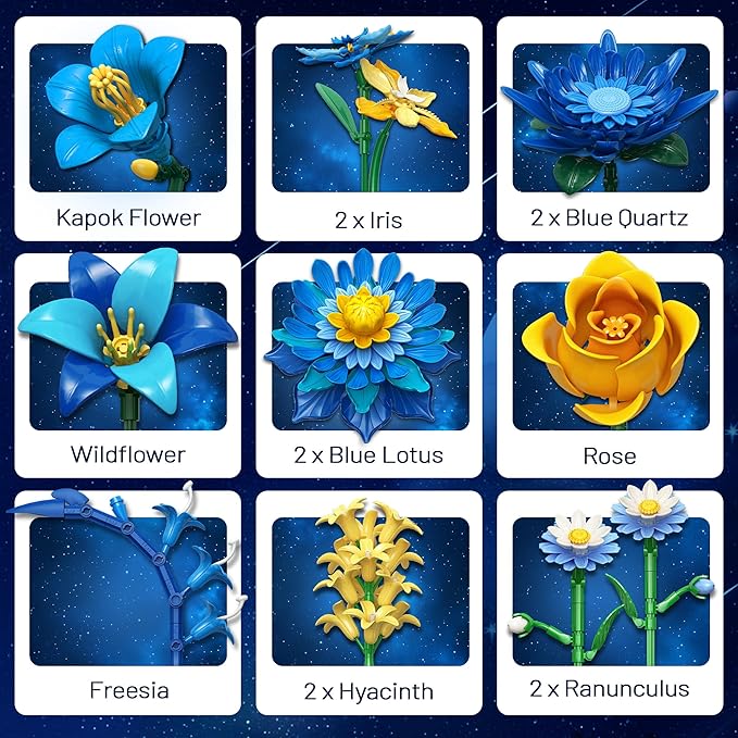 Starry Blooms Flowers Bouquet Building Set for Adults Artificial Flower Compatible with Lego Botanical Collection Valentine's Mother's Day for Women Girl Girlfriend Home Decor