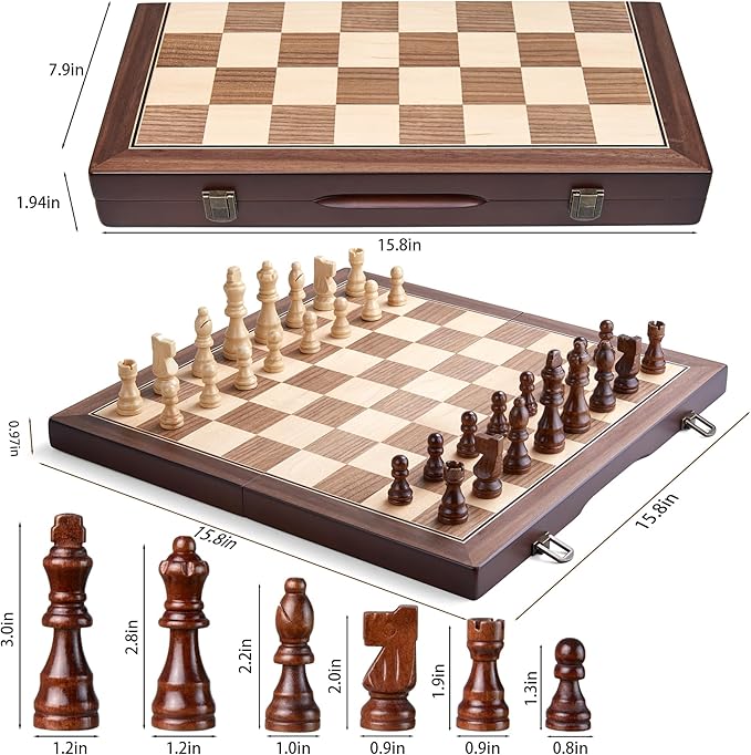 AMEROUS 15'' Magnetic Wooden Chess Set for Adults Kids - with Folding Board Gift Package Pieces Storage Slots Handmade PiecesChess Board Game Set for Tournament Professional Beginner