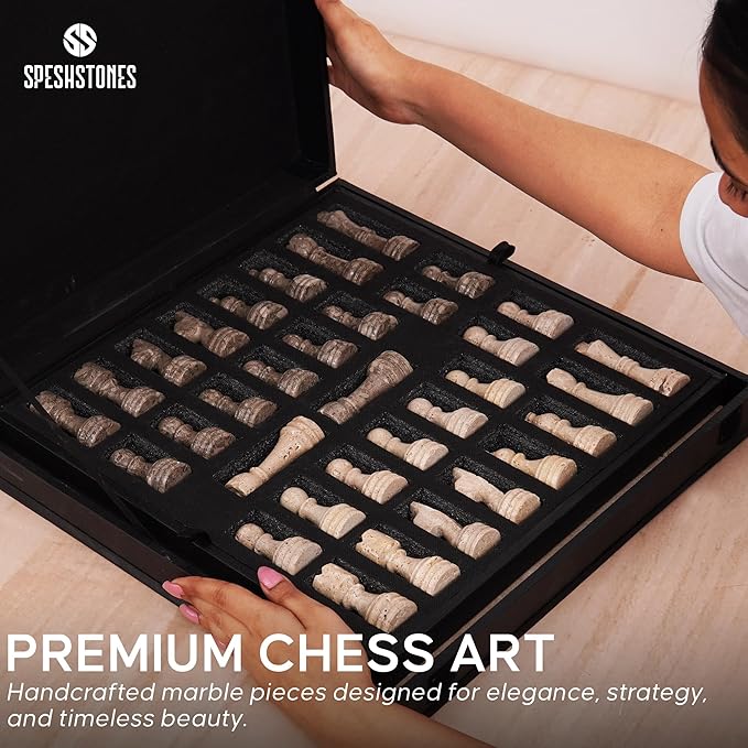 Marble Chess Set 15 Inches Handmade Oceanic &amp Travertine Luxury Board Games for Adults Ideal Marble Chess Board Game Set Chess Pieces &amp Storage Box for Gifts &amp Home Decor