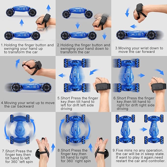 Upgraded Hand Gesture Sensing RC Stunt Car with Lights Music Spray Drift Gesture RC Car 360° Spins All Terrains Hand Controlled Truck Toys for 6 7 8 9 10 Year Old Boys