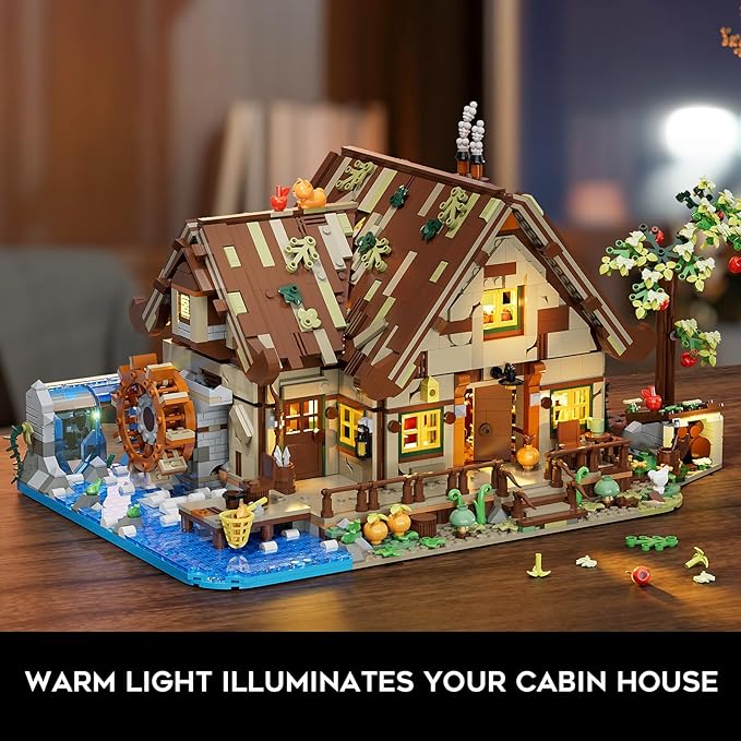 Wood Cabin Building Set with Light 2570 PCS Wooden Forest House Mini Building Block Toy with Waterwheel Pond Animals Big House Construction Model for Adults Teens Kids Boys Girls 10-12+
