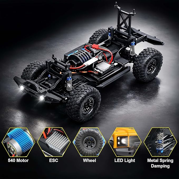 RC Cars RC Crawler 1/10 Scale RTR Remote Control Car 4WD 2.4GHz Brushed Offroad Racing Hobby Grade Model Vehicle with LED Lights 2Pcs Battery Toy for Kids and Adults