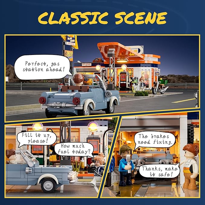 FUNWHOLE City Gas-Station Lighting-Building-Bricks Set - Road Trip Modular Car Service Station Collection LED Light Building Set 1608 Pcs for Adults Teen and Travelling Enthusiasts