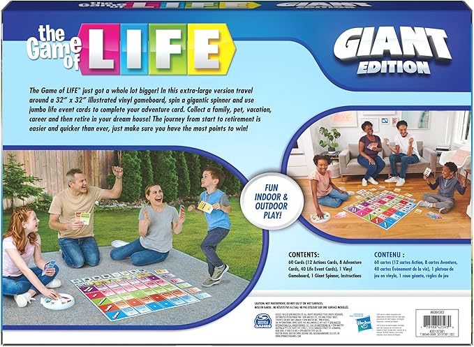 The Game of Life Giant Edition Family Board Game Indoor/Outdoor Fun Game with Big Oversized Gameboard Cards Spinner for Adults and Kids Ages 8 and up