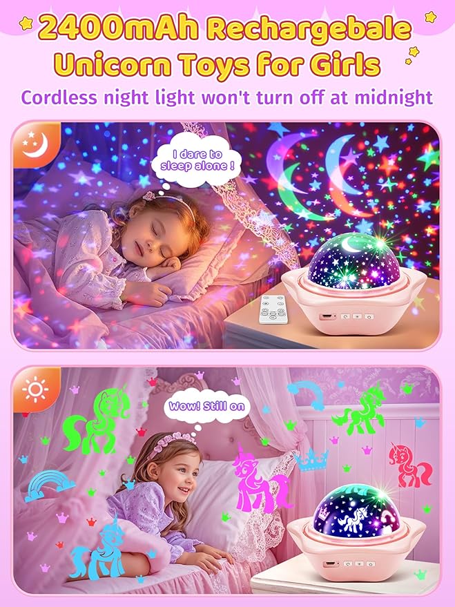 PIKOY Night Light for Kids 90 Modes+6 Films+Dimmer+Timer+Remote Kids Night Light Projector Rechargeable Built-in Battery+360° Silent Rotation Butterfly/Princess/Mermaid Room DecorGirl Toys/Gifts