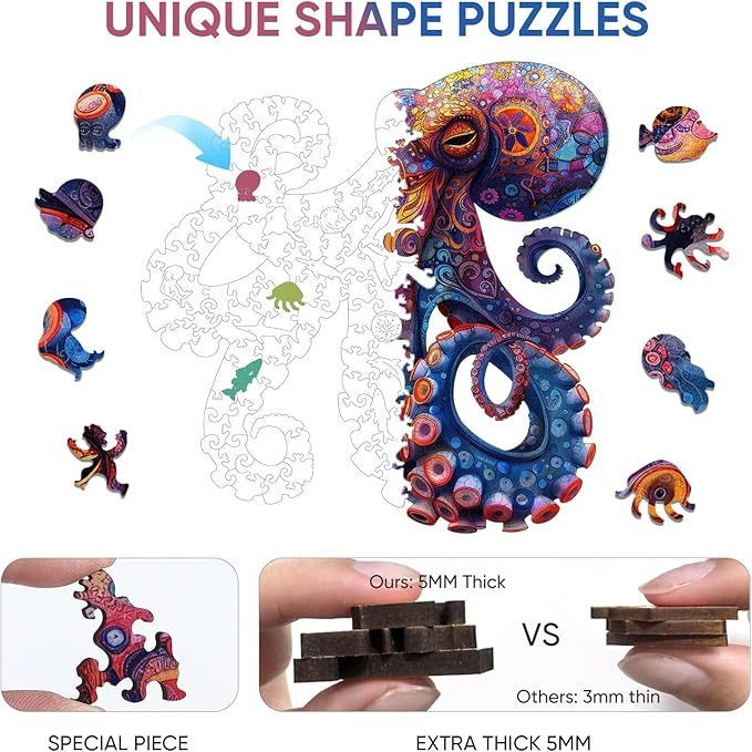 Mys Aurora Octopus Puzzles for Adults 500 Pieces 5MM Thick Wooden Jigsaw Puzzles Unique Shape Puzzle Ocean Wood Puzzles for Adults and Kids Birthday Gifts Family Game 17 * 17inch