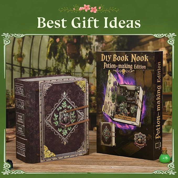 Magic Book Nook Building Set with Light Booknook Building Toys for Bookshelf Home Decor DIY Miniature House Model Kit Gifts for Adults (Potion-Making Edition)
