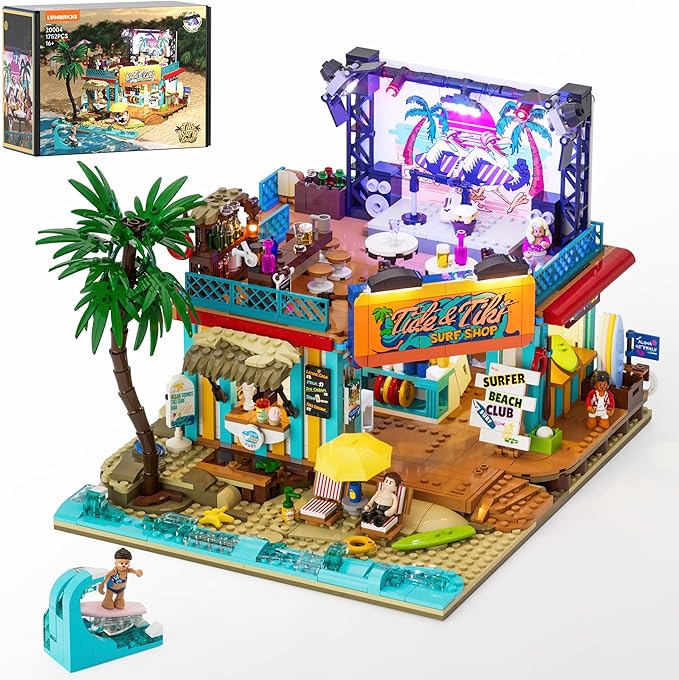 Surf Shop Lighting Building Bricks Set - Coast Club Modular Collection Display Kit with LED and Minifigures 1752 Pcs for Adults &amp Teens &amp Marine Enthusiasts
