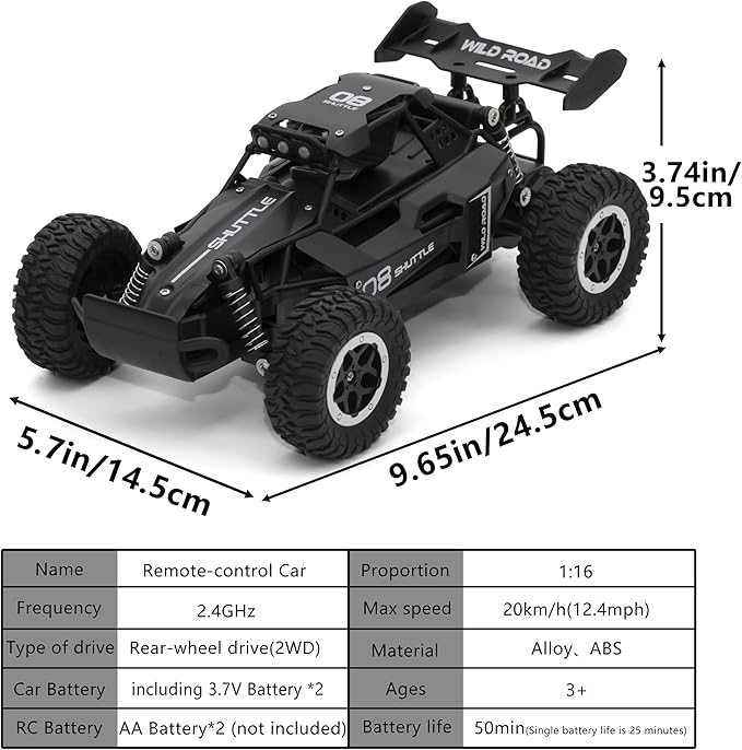 Remote Control Car RC Cars 1:16 All Terrain Monster Truck LED Headlights Outdoor 2WD Off Road Hobby RC 2.4GHz High Speed 20Km/h RC Car Toys Gift for Kids Boys 3 4 5-12 (Black)