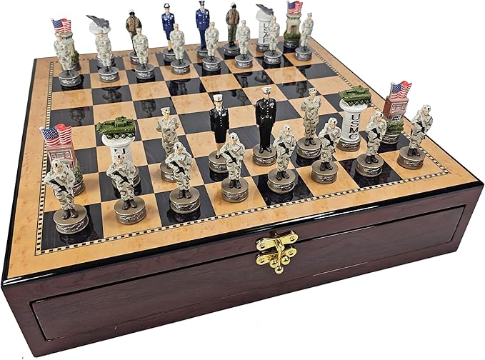 US Military Chess Set Army Navy Air Force or Marines. Choose 2 Branches of Men with 17 inch Walnut Color Storage Board (Air Force vs Marines)