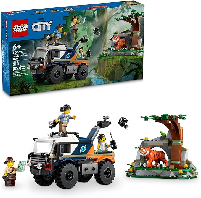 LEGO City Jungle Explorer Off-Road Truck Jungle Toy Building Set for Kids Aged 6 and Up Fun Birthday Gift Idea Off-Road Truck Vehicle 3 Adventurer Minifigures Tiger Figure and Car Toy 60426