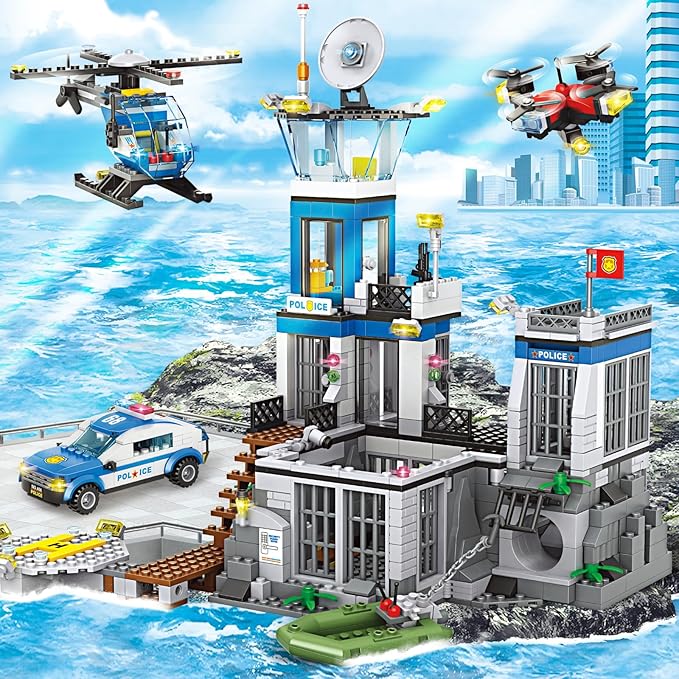 City Police Prison Island Building Blocks Set Police Station Building Toy Kit with Police Car Drone Helicopter Boats Best Preschool Toys Gift for Kids Boys and Girls Aged 6+ (946 Pieces)
