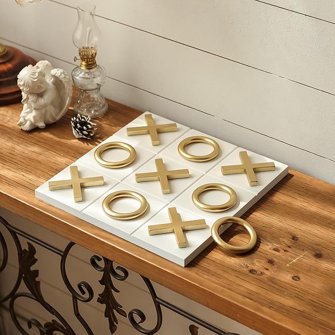 NIKKY HOME 12x12 Inch Tic Tac Toe Wood Game Board Classic Coffee Table Decor Modern Wooden Travel Game for Family White &amp Gold