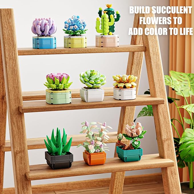 9 in 1 Tiny Flowers Succulents Artificial Plant Set-Creative Botanical Building Block Toy Botanical Collection for Office&ampHome Decor Birthday Gift for Adults and Kids 8-12(832 PCS)