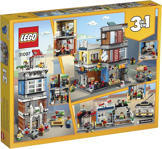 LEGO Creator 3 in 1 Townhouse Pet Shop &amp Café 31097 Toy Store Building Set with Bank Town Playset with a Toy Tram Animal Figures and Minifigures (969 Pieces)