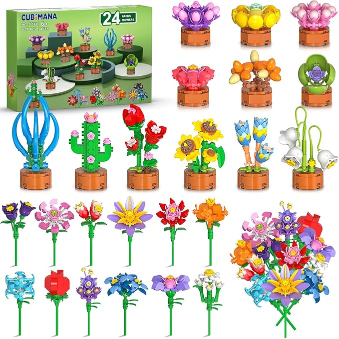 24 Pack Easter Basket Fillers Flowers Party Favors for Kids Building Set - 827PCS Botanicals Succulent 3.6MM Mini Building Blocks Toy for Goodie Bag Stuffer Classroom Prize Gift for Kids Girls Boys 6+