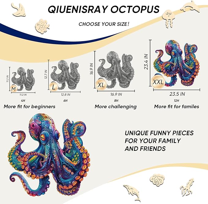 Qiuenisray Wooden Puzzles for Adults 1000 Pieces Octopus Ocean Jigsaw Puzzles FSC Certified Unique Shape Adult Puzzles Pieces Wall Decor for Family Game 23.4x23.5 in