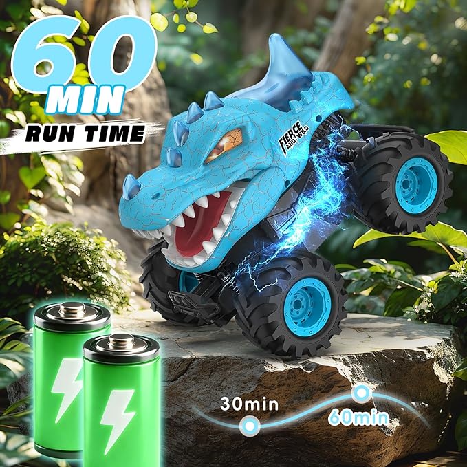 Dinosaur Remote Control Car 2.4GHz Monster Truck Toys Rechargeable RC Cars 1:24 Scale RC Truck with LED Light Movable Mouth Dinosaur Cars Toys for Kids Boys 6-8 8-12 Birthday Gift Blue