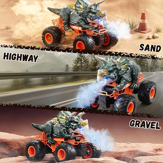 Remote Control Dinosaur Car for Kids Boys Electric Monster Truck with Spray Light Sound Indoor Outdoor All Terrain Off Road RC Car Toys for Kids 3 4 5 6 7 8-12 Year Old Boys Girls Birthday Gift