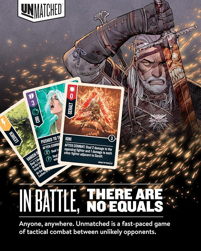 Restoration Games Unmatched The Witcher Steel &amp Silver - Strategy Board Game for Adults - Witcher Heroes Expansion with Double Sided Battlefield - 2-3 Players - 30 Min Playtime - Ages 9+