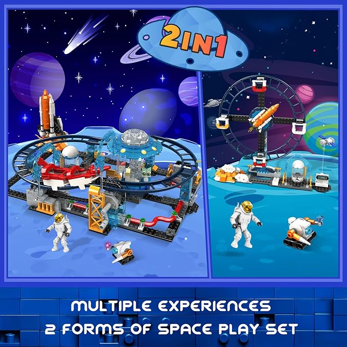 2 in 1 Space Coaster Set - UFO Satellites Space Capsules Buildable Roller Coaster Gift for Boys Girls Kids Ages 6+