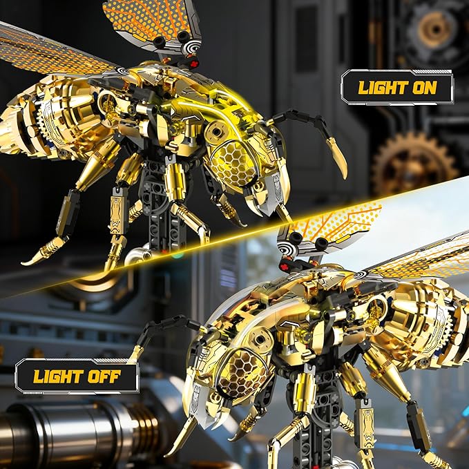 Mechanical Bee Building Blocks Kit for Adult Technic Bee Buildings Set for Adults with LED Light &amp Display Stand Robot Animal Building Toy with Moving Wings for Adults &amp Kids 832Pcs