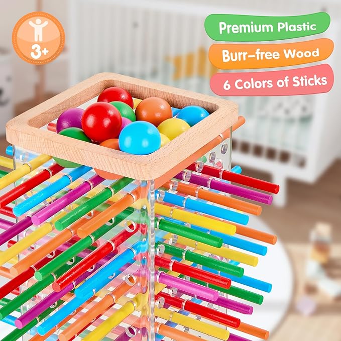 Montessori Wooden Board Games 48 Colorful Sticks Dice Game with 12 Balls Family Game for Kids and Adults Math Educational Toys for 3 4 5 6 Years Old Fine Motor Skills Toy Gifts for Boys and Girls