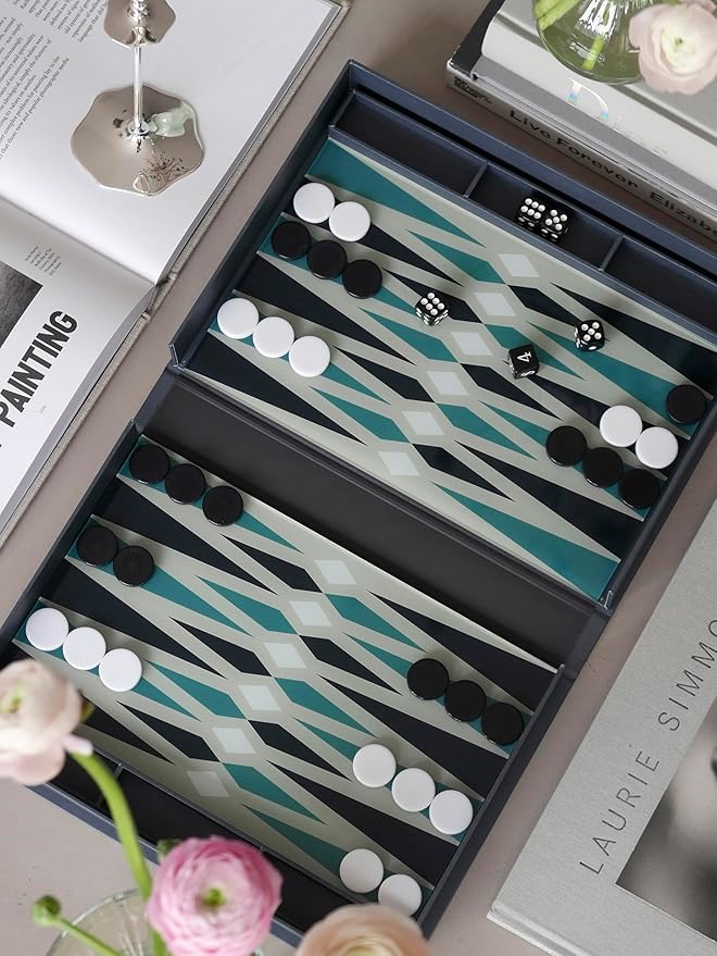 Printworks Classic Backgammon – Grey &amp Blue Acrylic Design Foldable Book-Style Set for Adults Elegant Tabletop Game