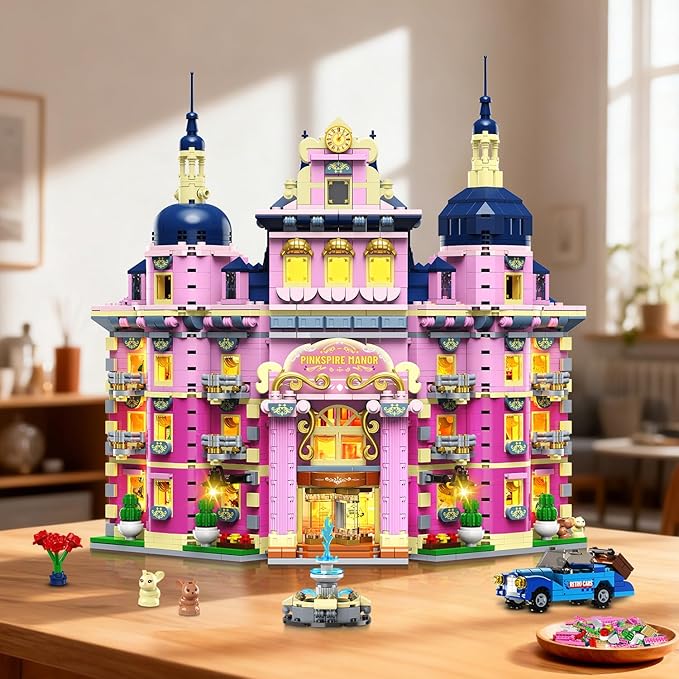 Pink Estate House Building Set with Lights 3 Style Pinkspire Construction Model with Car Fountain 1815 PCS Friends Villa Castle Building Block Kit Home Decor Gift for Adults Boys Girls 8-12+