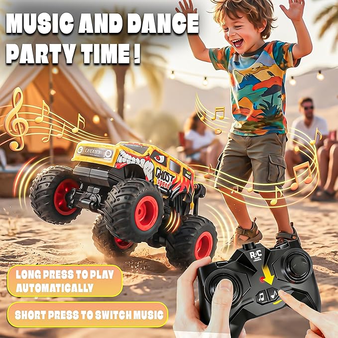 BEZGAR Monster Truck Toys Remote Control Monster Truck with Dancing Spins Lights &amp Music 1:20 Remote Control Car for Boys 4-7 5 6 7 8 9 10 +Year Old Boys Birthday Gifts (Yellow)