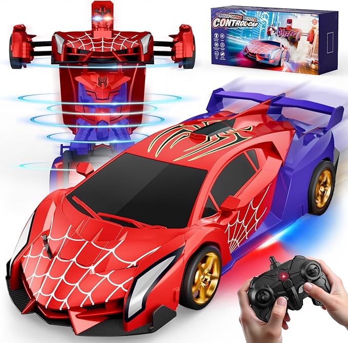 Spider Transform RC Cars Toys with Eye &amp Underbody Lights 2.4GHz Remote Control Car One-Button Deformation Fast 360°Rotation Robot Toys Birthday Gifts for 3 4 5 6 7 8 9 10 Year Old Boys Age 4-7