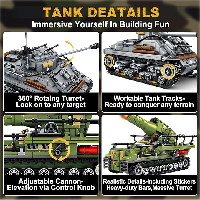 WW2 Building Block Army Tank-Kit for Boys Men 1:32 Movable US Sherman &amp GE Karl Mortar Military Toys for Kids Ages 8+ Mini Cannon Vehicle Model History Birthday Gifts for Teen Girls 1117 Pieces