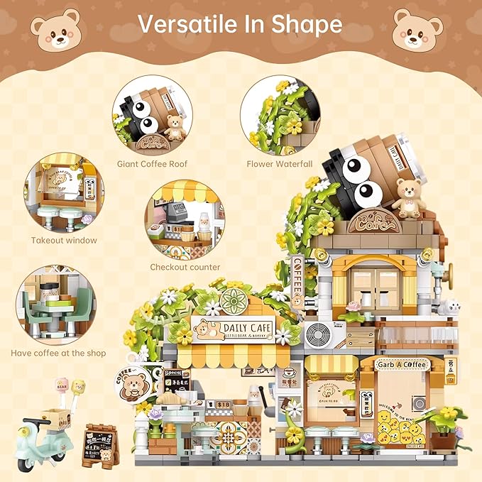 Creative Brick Box Street View-Coffee Shop Mini Building Toy Animals Interactive for Kids Simulation Architecture Toy for Girls and Boys Ages 6+ - Gift Easter Birthday Christmas (1077 PCS)
