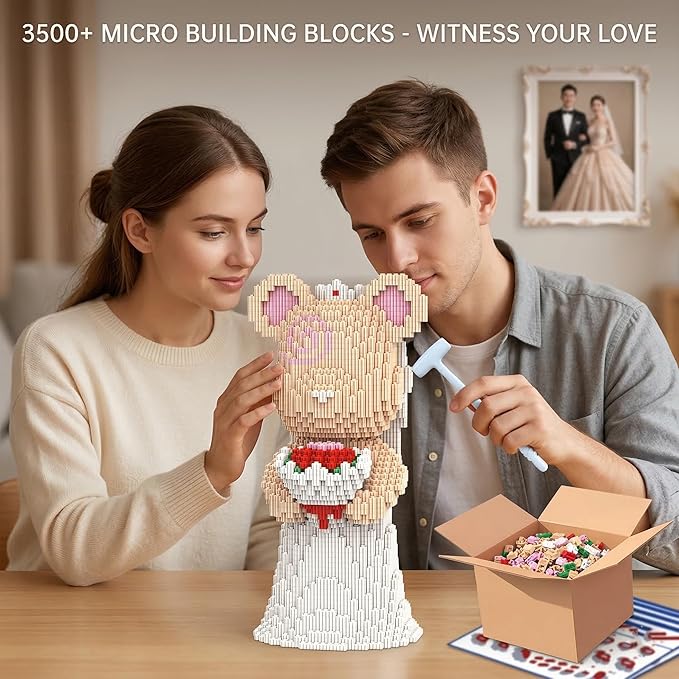 12.6 Bride Teddy Bear Blocks Building Bricks Set - Challenging DIY Micro Blocks for Adults Collectible Decor for Office &amp Bookshelf Screen-Free Stress Relief - Gift Idea Ages 14+