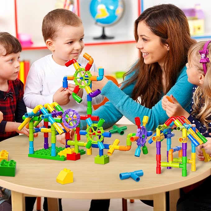 burgkidz STEM Learning Pipe Tube Construction Building Blocks Sensory Toys with Wheels Baseplate for All Ages Kids Boys Girls 188 Pcs
