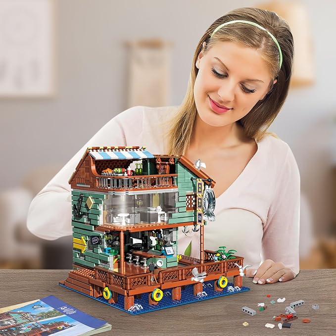 Harbour Restaurant House Mini Bricks Building Kit Ideas Creative Architecture Building Toys Birthday Gift for Adult Boys Girls -2096 Pieces (Not Compatible with Lego Set)