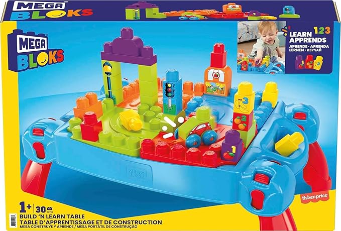 Mega Bloks First Builders Build 'n Learn Table with Big Building Blocks Building Toys for Toddlers (30 Pieces)