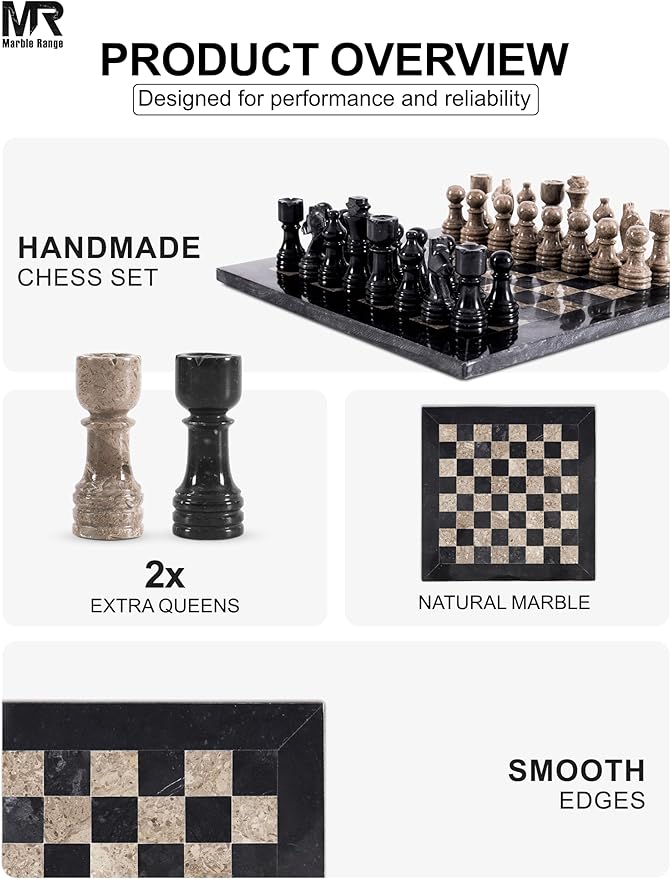Marble Chess Set for Adults 12 Handmade Black &amp Oceanic Board Game with 32 Chess Pieces 2 Extra Queens &amp Storage Box Luxury Travel Game Elegant for Home Decor