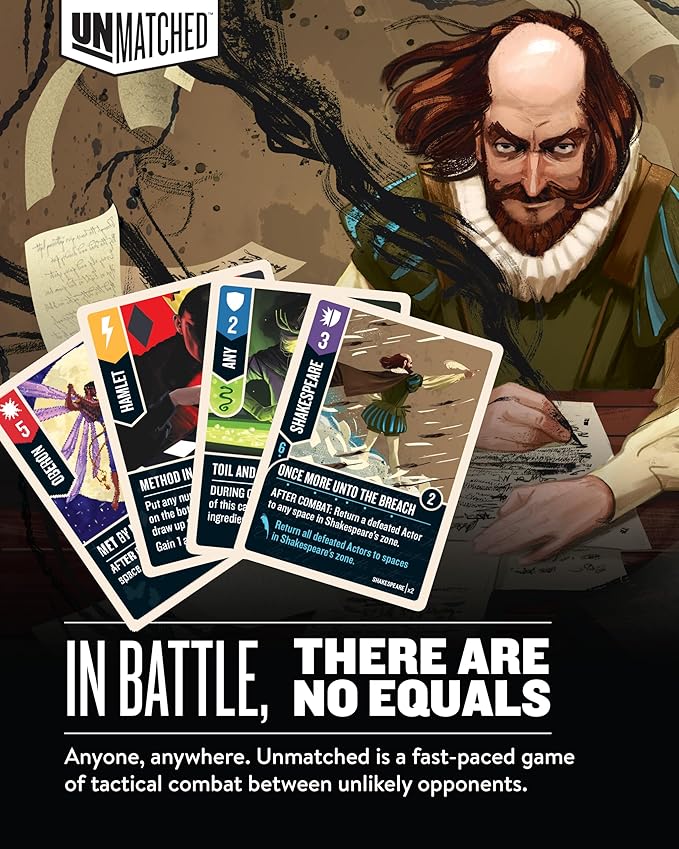 Restoration Games Unmatched Slings and Arrows - Strategy Board Game for 2 to 4 Players - Shakespeare Heroes Expansion with Globe Theatre Battlefield - 30 Min Playtime - Ages 9+