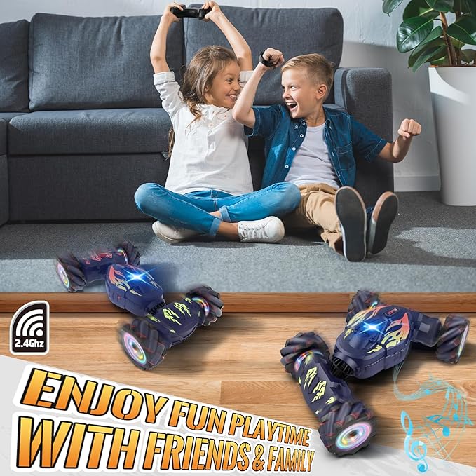 Pristar RC Cars Gesture Sensing RC Stunt Car Toys for Boys Girls 6-12 2.4Ghz 4WD Remote Stunt Car with Spray Lights Music 360° Rotate Fast Off-Road Transform Birthday Xmas Gifts for Kids Age 6-12