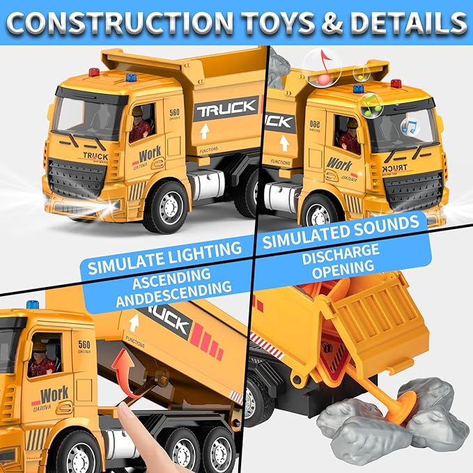 Remote Control Excavator and Dump Truck Toy Set - RC Construction Vehicles Toy with Barricades Road Signs Simulated Rocks Lights and Sounds Present for Toddlers 3-12 Year Boys Girls