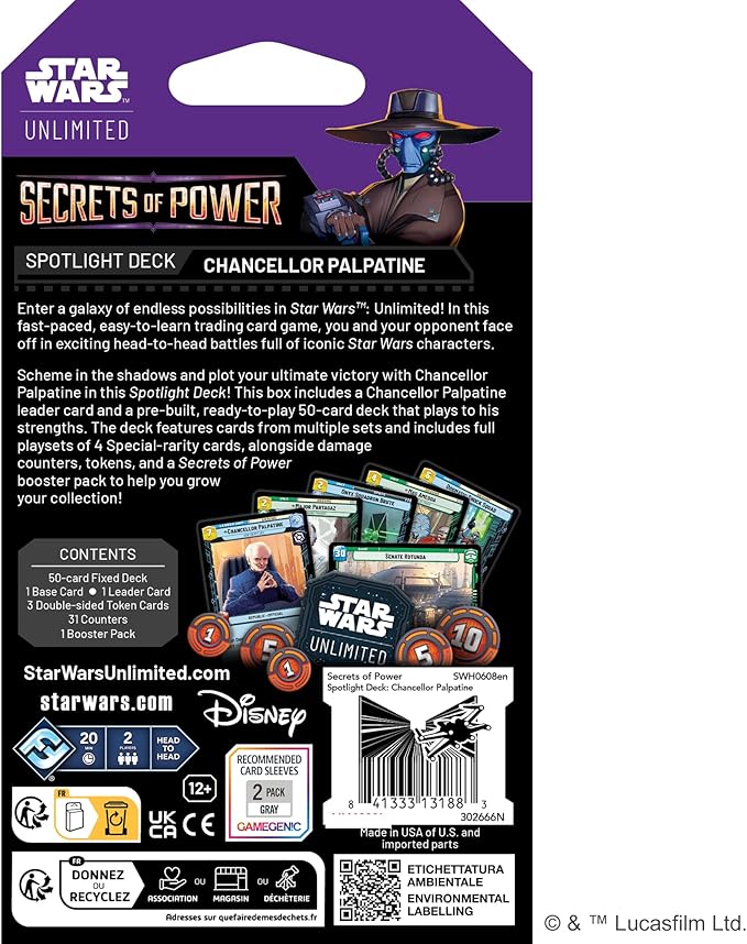 Asmodee Star Wars: Unlimited TCG Secrets of Power Chancellor Palpatine Spotlight Deck - Pre-Built 50-Card Ready-to-Play Deck with Booster Pack Ages 12+ 2+ Players 20 Minute Playtime