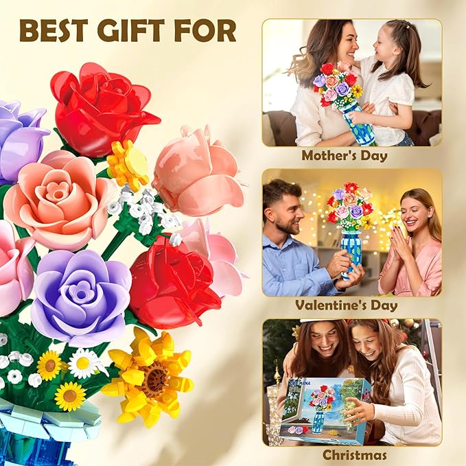 Roses Flowers Building Set with Vase &amp LED Light Easter/Birthday Day Gift for Her/Him 16 Mini Flowers Bouquet Building Blocks Toy Artificial Flowers for Home Office Decor &amp Display