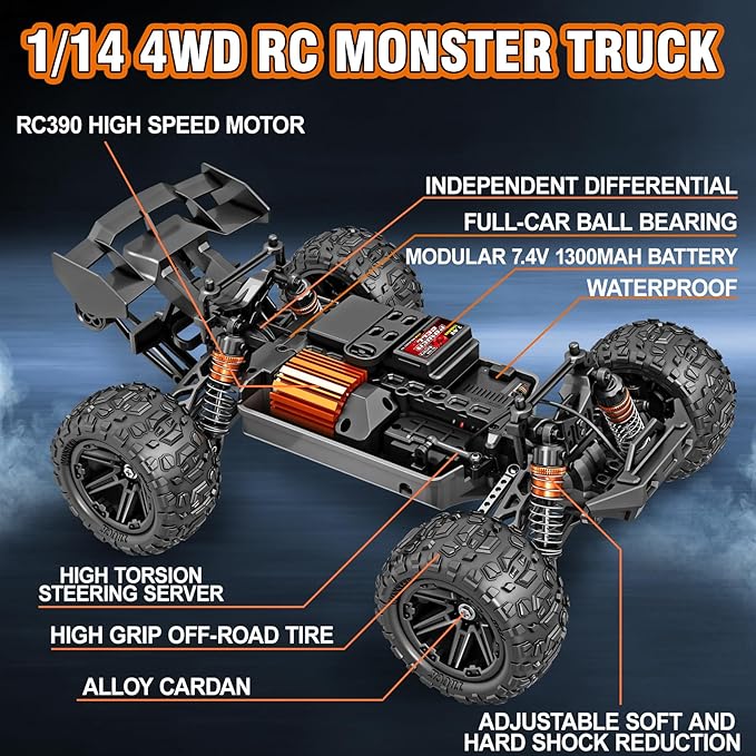 Rc Cars 1:14 All Terrain RC Car for Adults &amp Boys 4WD Off-Road RC Truck High Speed Fast 40+ KPH 4X4 Waterproof Remote Control Car with 2 Rechargeable 1300 mAh Batteries