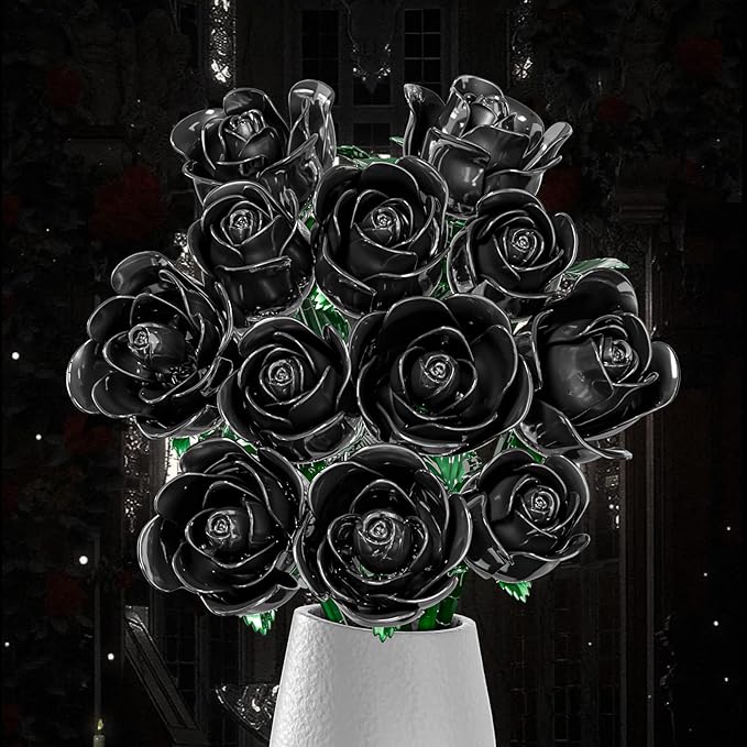 Black Rose Bouquet Building Set for Girls &amp Boys - 12 Pack Botanical Collection Gift for Easter Basket Artificial Flowers Botanical Collection Centerpiece Retro Decor