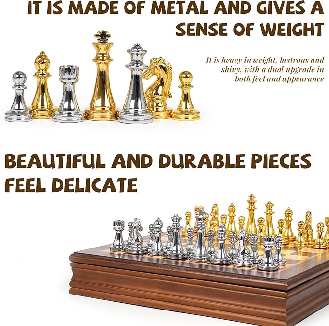 12-Inch Metal Chess Set with Wooden Board for Kids and Adults Gold &amp Silver Chess Pieces with Extra Queens Portable Small Chess Board for Travel Family Game Night Beginners &amp Professional